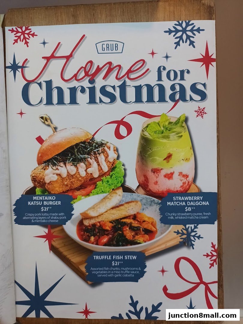 A Christmas-themed menu from GRUB Junction 8 featuring a burger, stew, and drink.