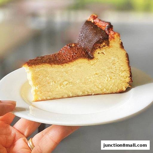 A slice of burnt Basque cheesecake is presented on a white plate.