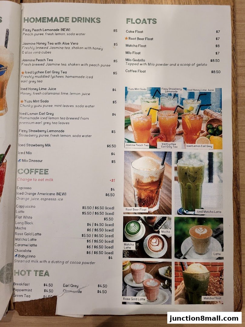 A menu page from GRUB Junction 8 featuring drinks and coffee with accompanying images.