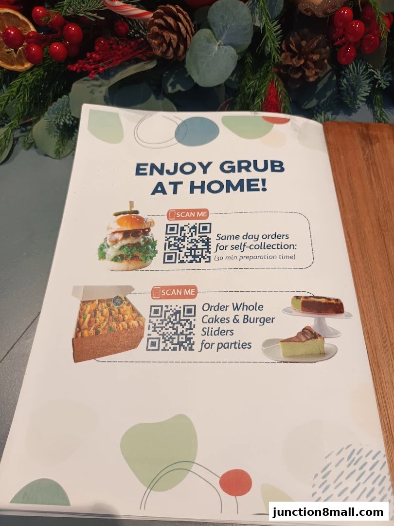A flyer from GRUB Junction 8 promoting home delivery and party orders with QR codes.