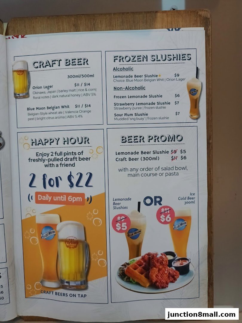 A menu page from GRUB Junction 8 featuring craft beers, frozen slushies, happy hour, and beer promotions.