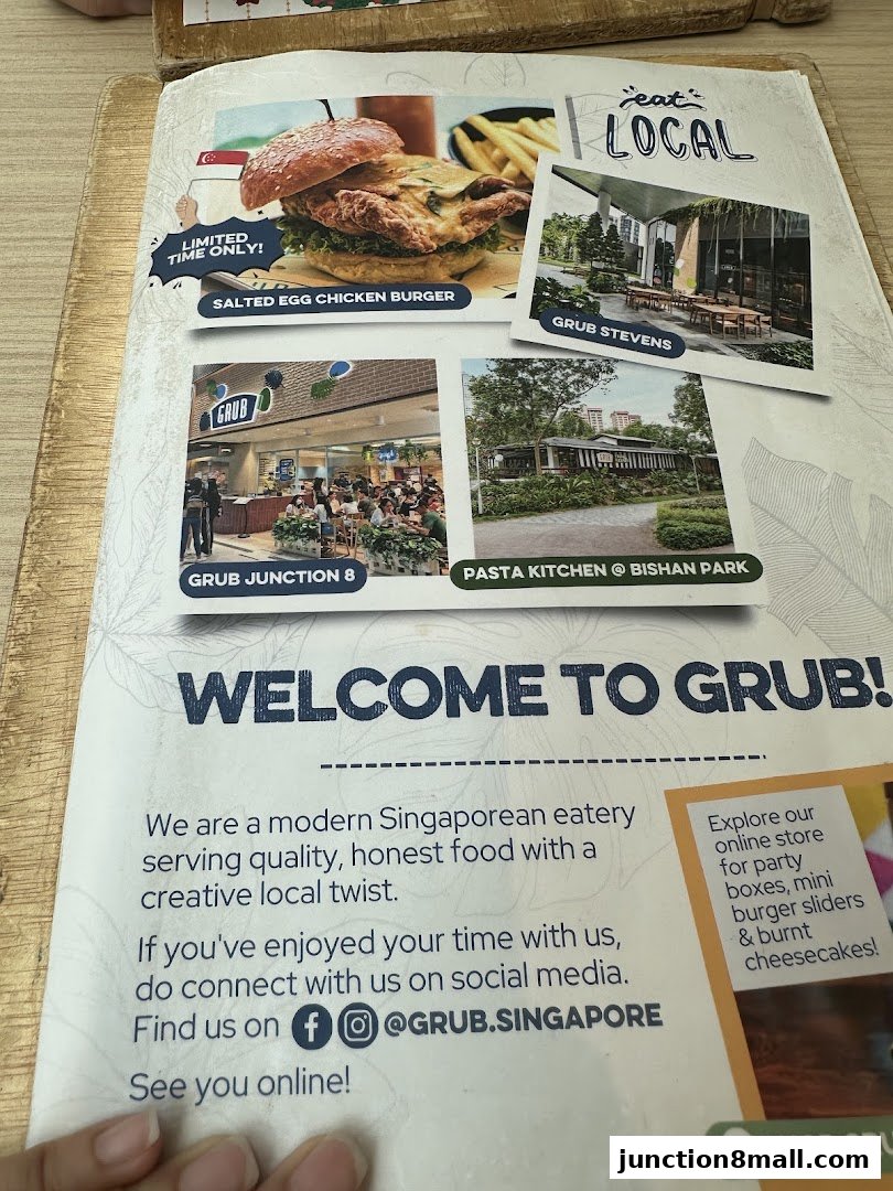 A menu featuring a Salted Egg Chicken Burger and other GRUB locations.