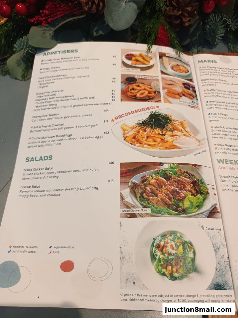 A menu from GRUB Junction 8 featuring appetizers, salads, and mains with accompanying food images.