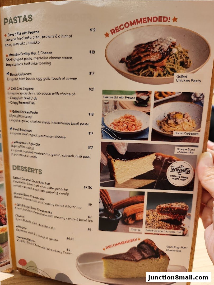 A menu featuring pasta dishes and desserts with accompanying food photography.