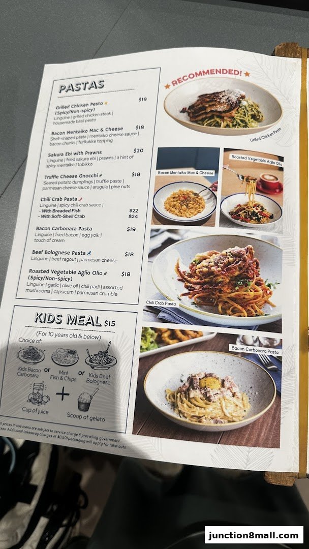 A menu from GRUB Junction 8 featuring pasta dishes and a kids' meal option.