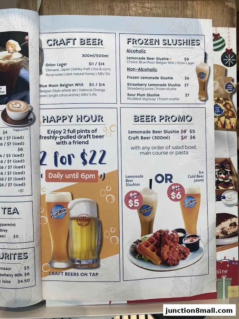 A menu featuring craft beers, frozen slushies, happy hour deals, and beer promotions.