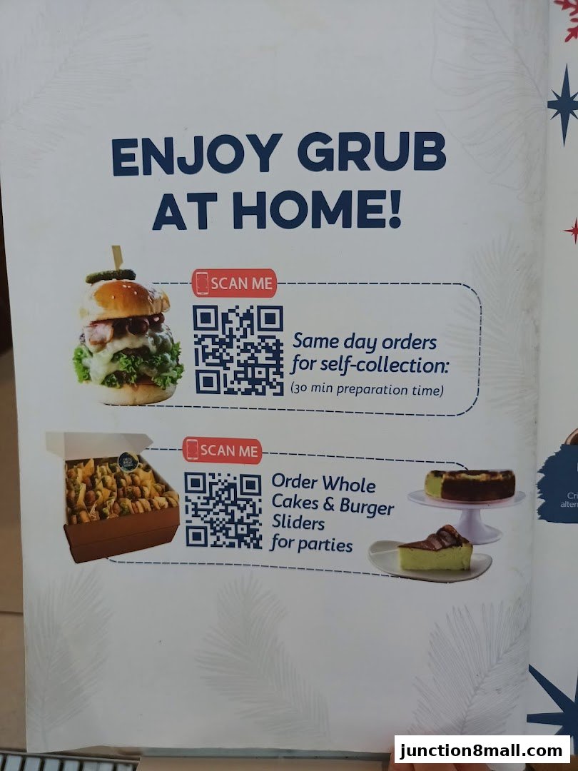 A flyer from GRUB Junction 8 promoting home delivery and party orders with QR codes.