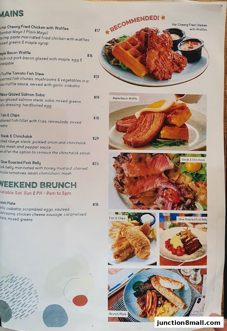 A menu from GRUB Junction 8 featuring mains and weekend brunch items with appealing food photography.