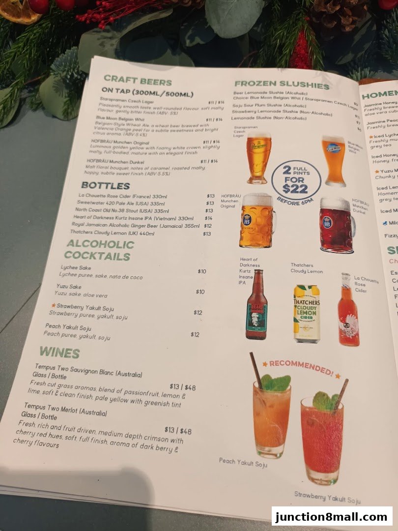 A menu featuring craft beers, frozen slushies, cocktails, and wines with accompanying images.