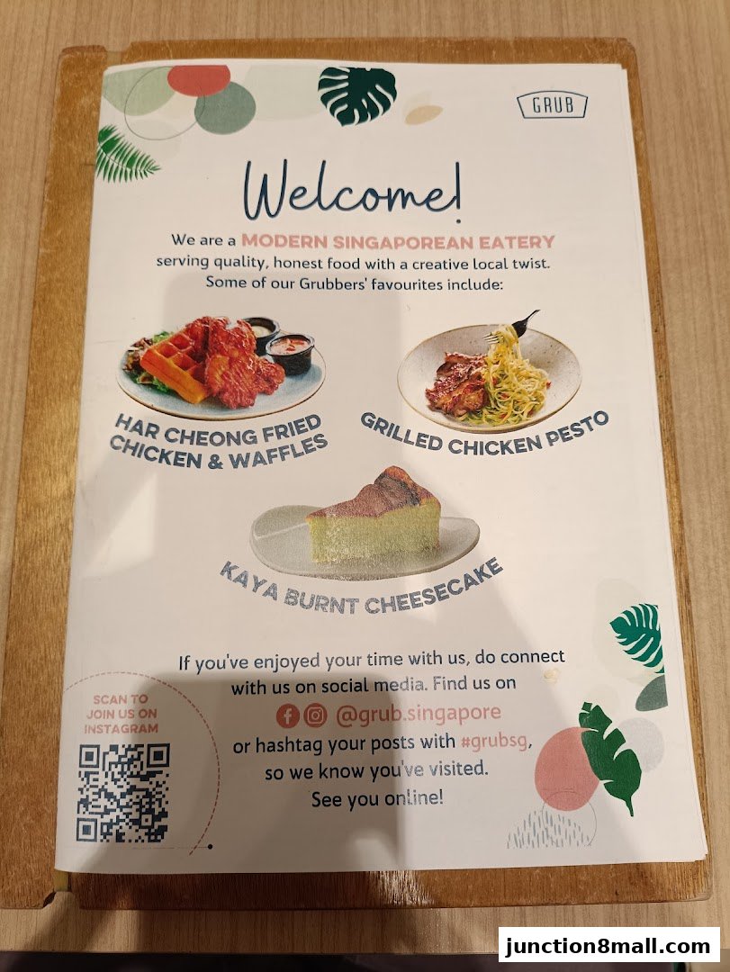 A menu from GRUB Junction 8 showcasing popular dishes like Har Cheong Fried Chicken & Waffles.