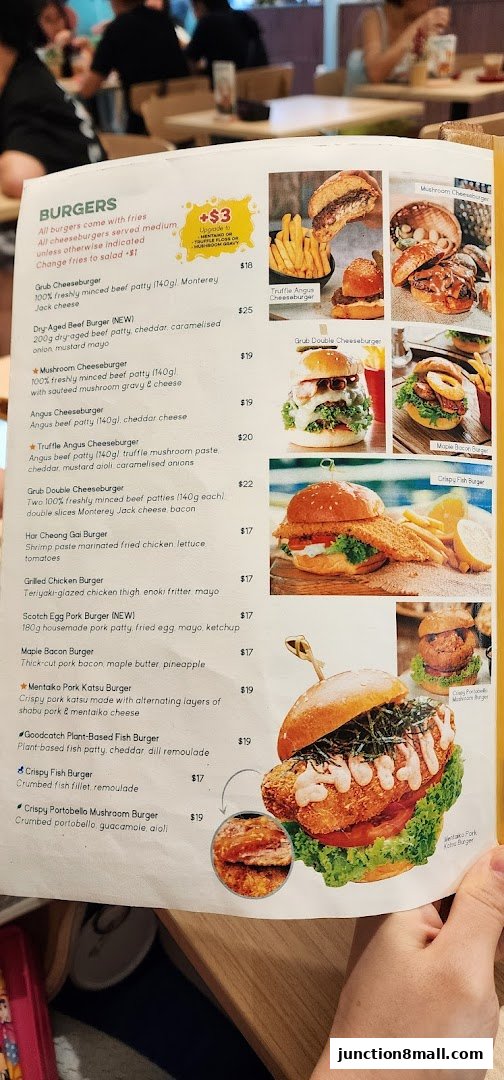 A menu page from GRUB Junction 8 featuring various burgers with descriptions and prices.