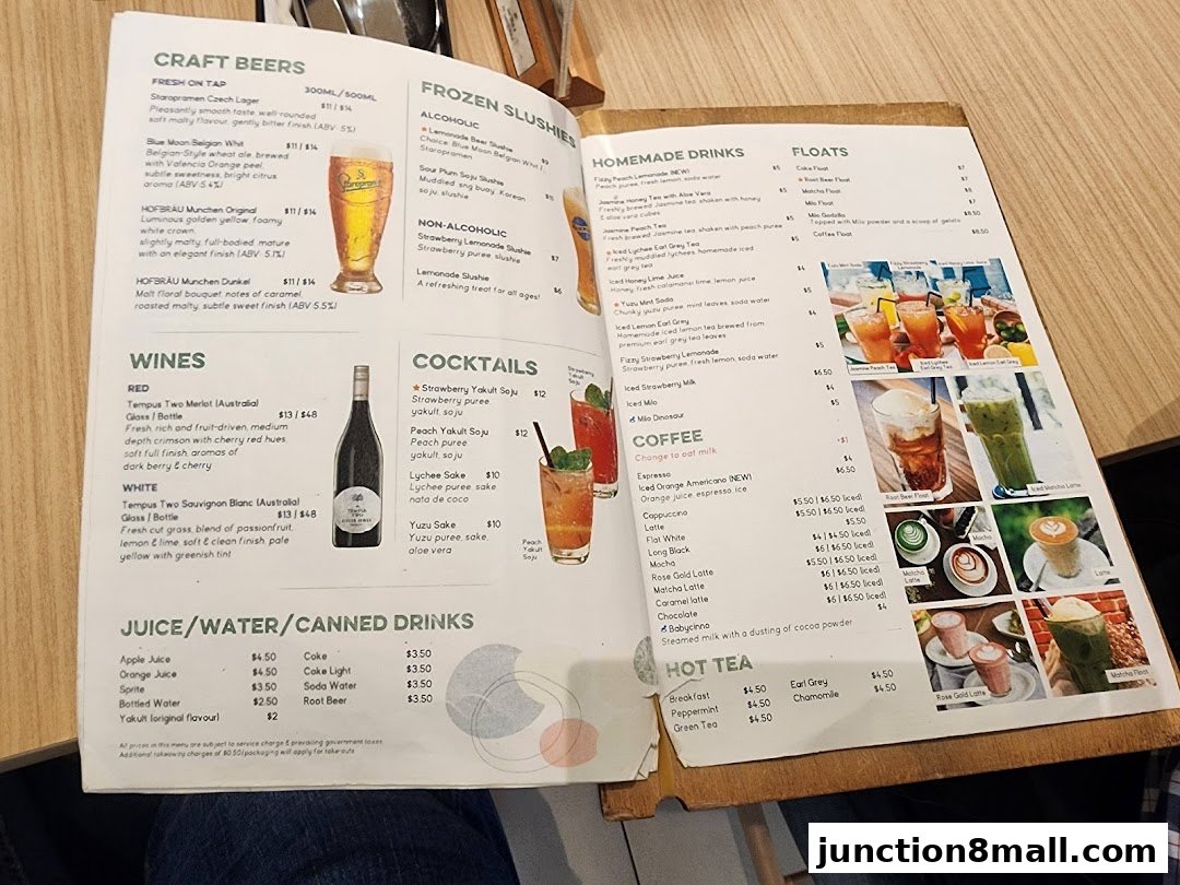 A menu from GRUB Junction 8 featuring craft beers, wines, cocktails, coffee, and hot tea.