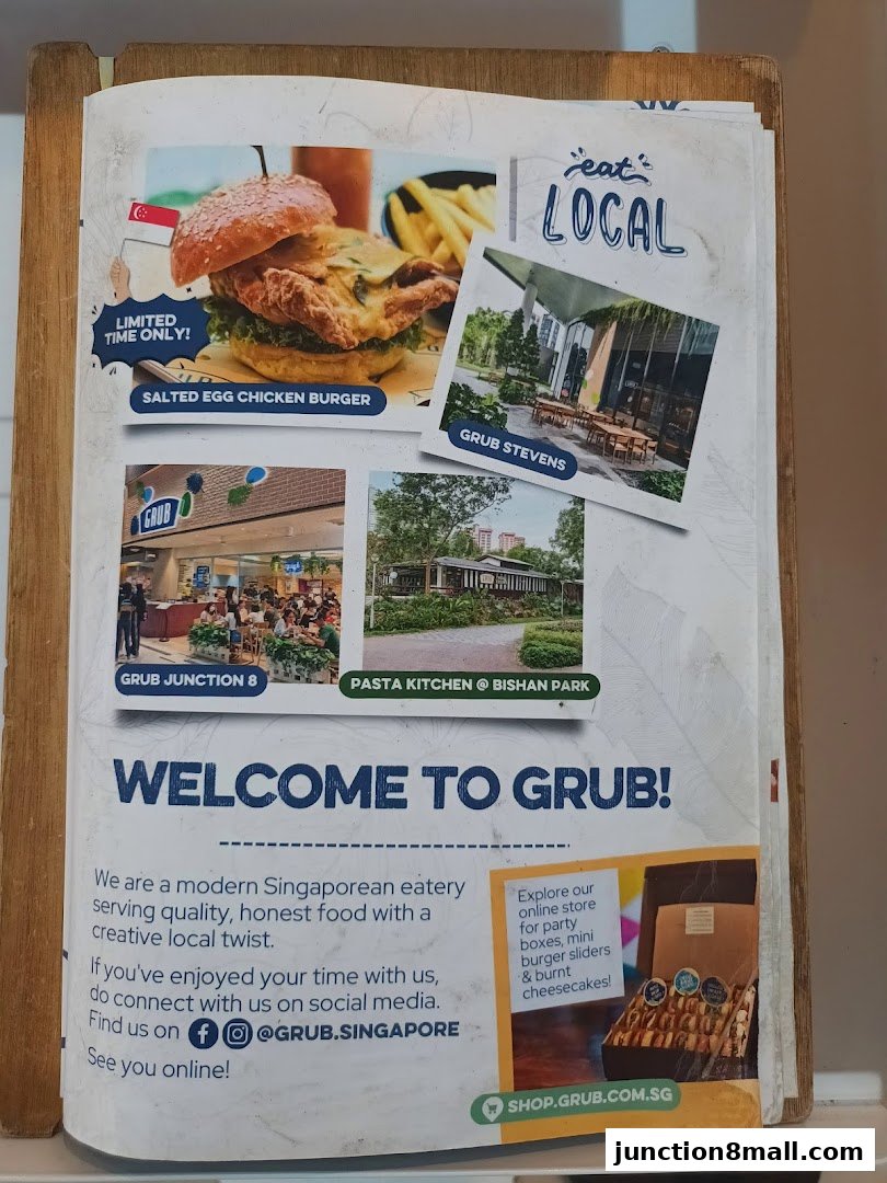 A flyer showcasing GRUB's Salted Egg Chicken Burger, locations, and social media information.