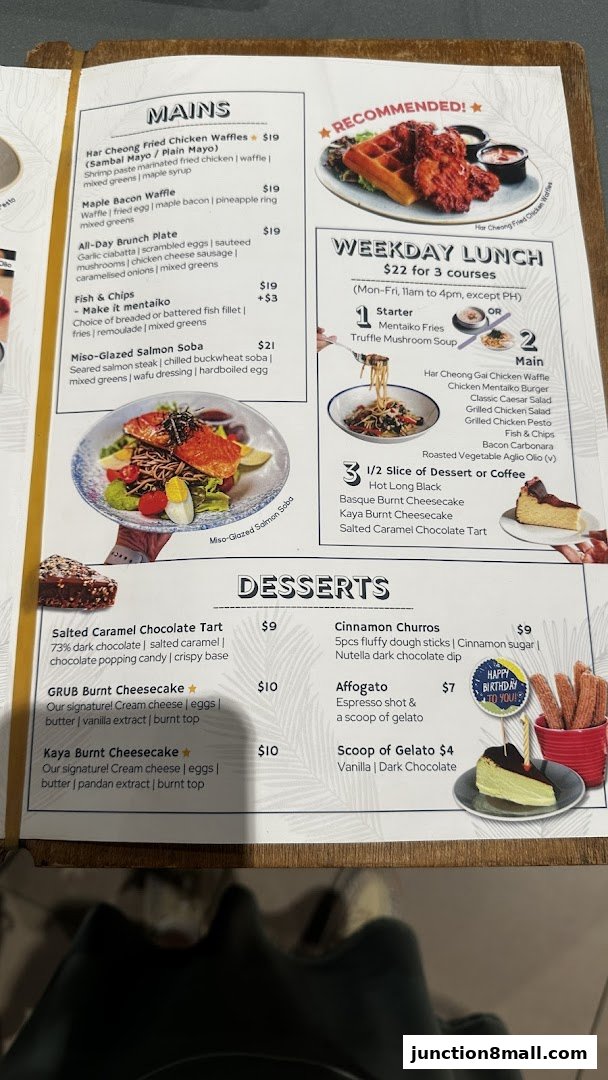 A menu featuring mains, desserts, and a weekday lunch special with food images.