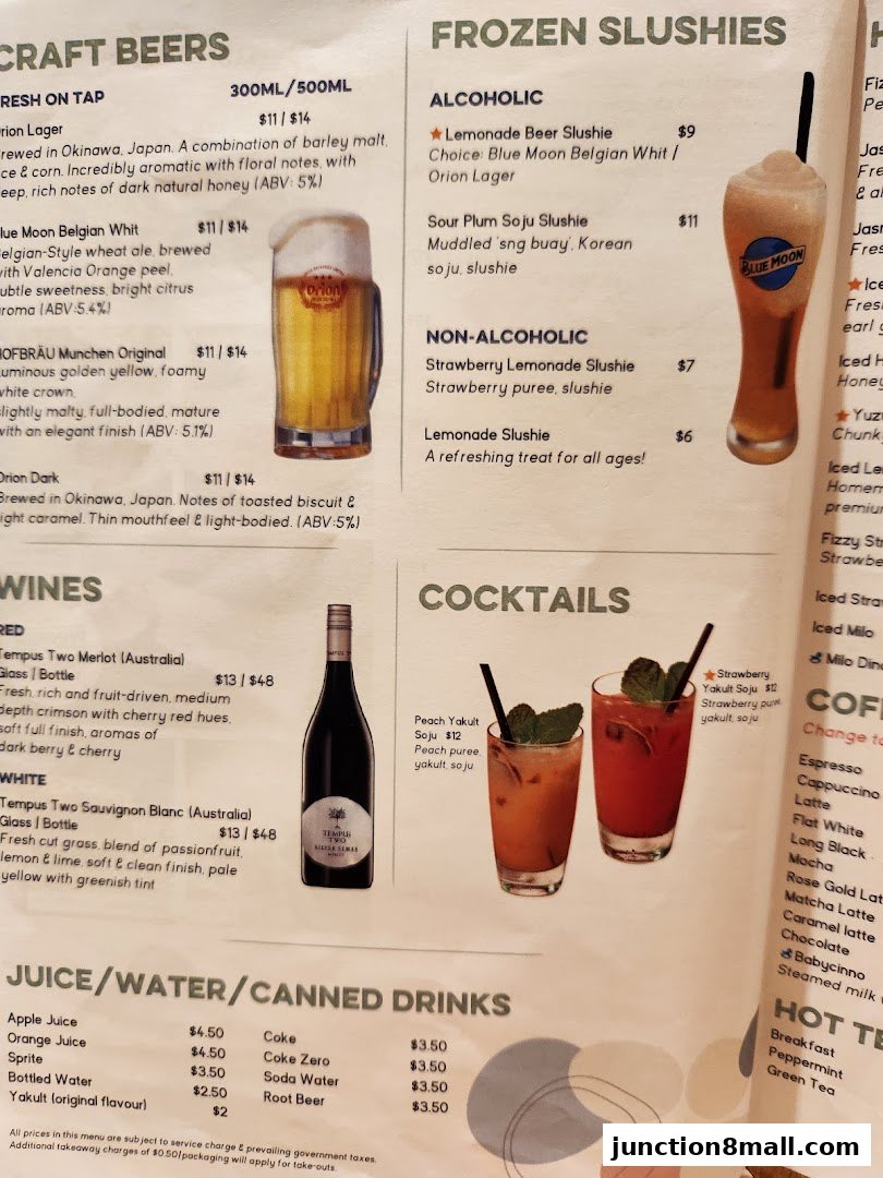 A menu featuring craft beers, frozen slushies, wines, cocktails, and drinks with prices.