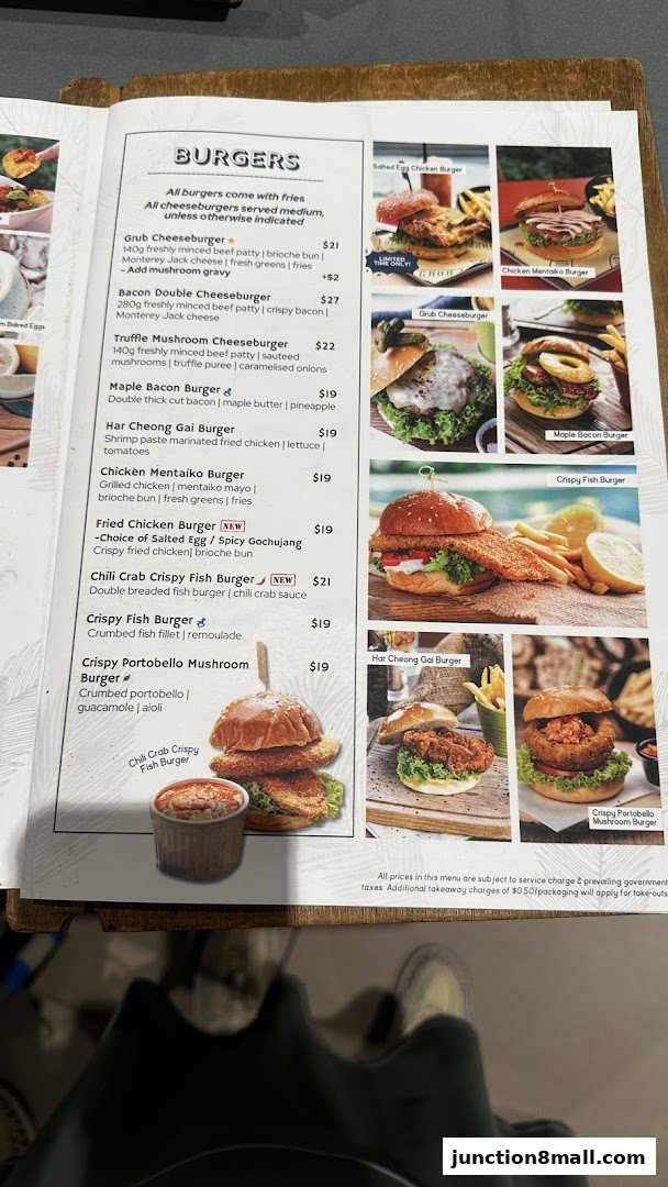 A menu page showcasing various burgers with descriptions and prices, accompanied by appetizing images.
