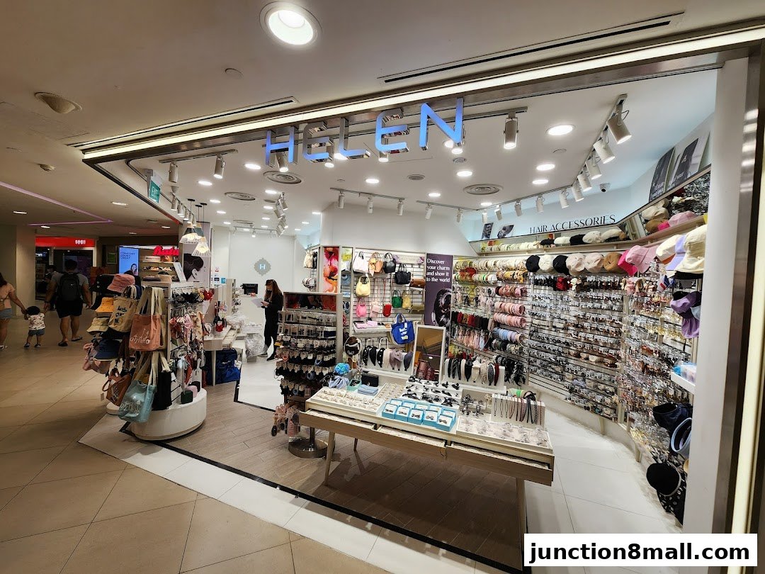 A well-lit shop interior displaying a wide variety of fashion accessories, including bags and hair accessories.