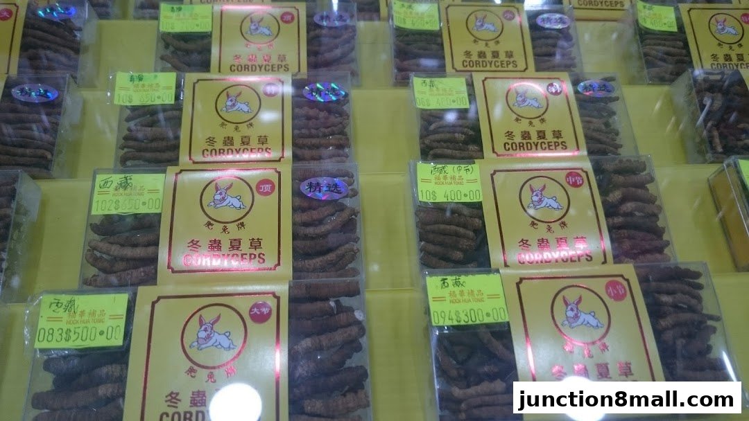Packaged cordyceps products with prices displayed in a retail setting.
