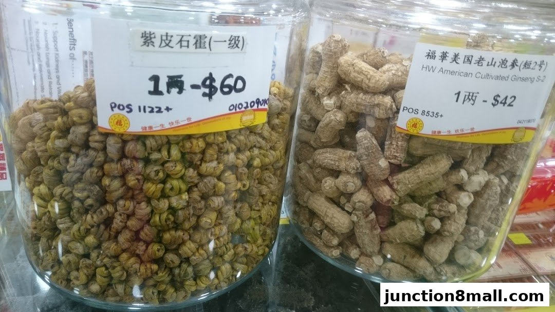 Two large jars filled with dried herbs, likely ginseng, with price labels.