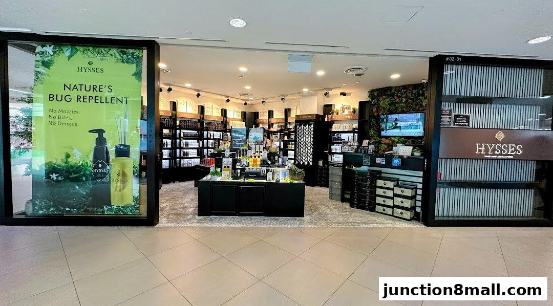 The entrance and interior of a HYSSES specialty oil shop, showcasing various products.