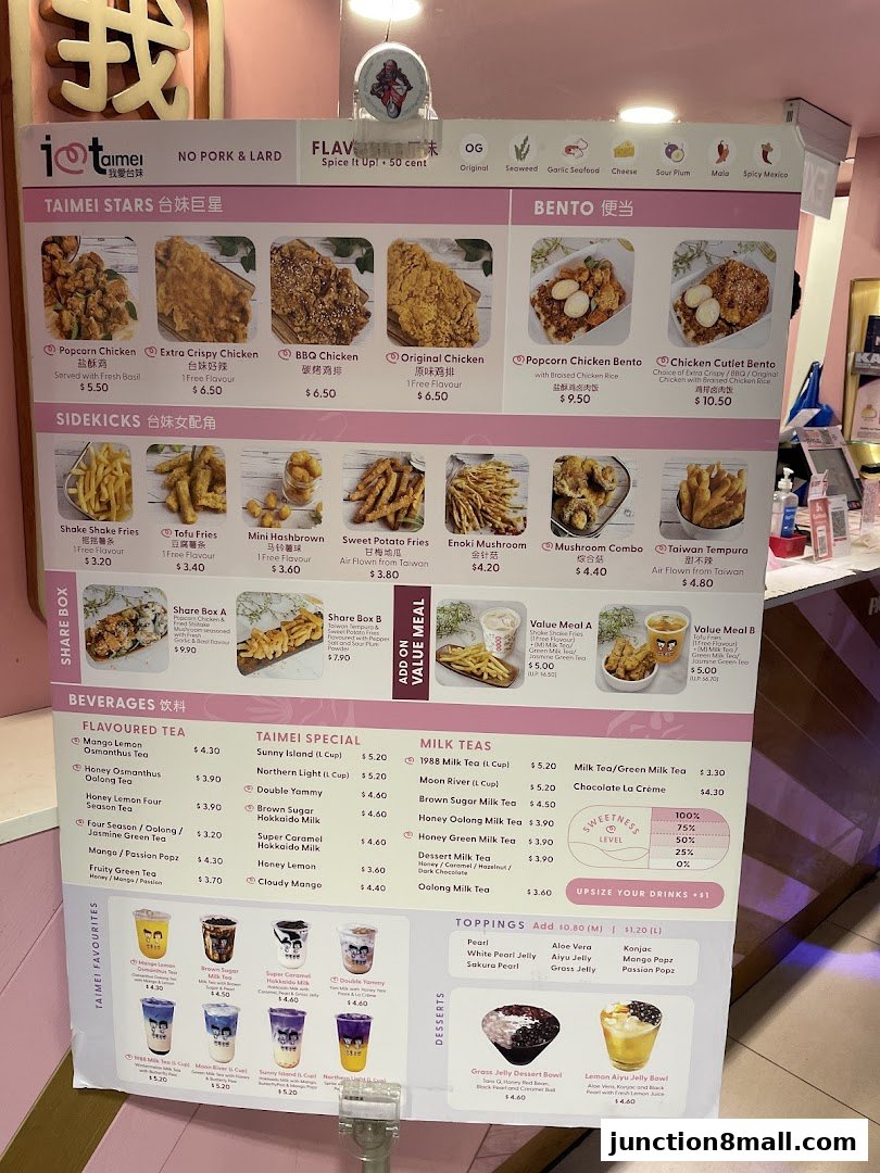 A menu board displaying various fried chicken, side dishes, beverages, and desserts.