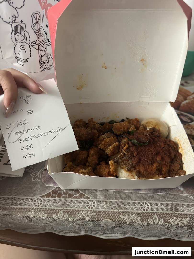 A person holding a receipt next to a takeout box of braised chicken rice with lava egg.