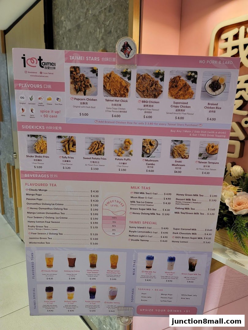 A menu board for 'I Love Taimei' featuring fried chicken, bubble tea, and Taiwanese street food.