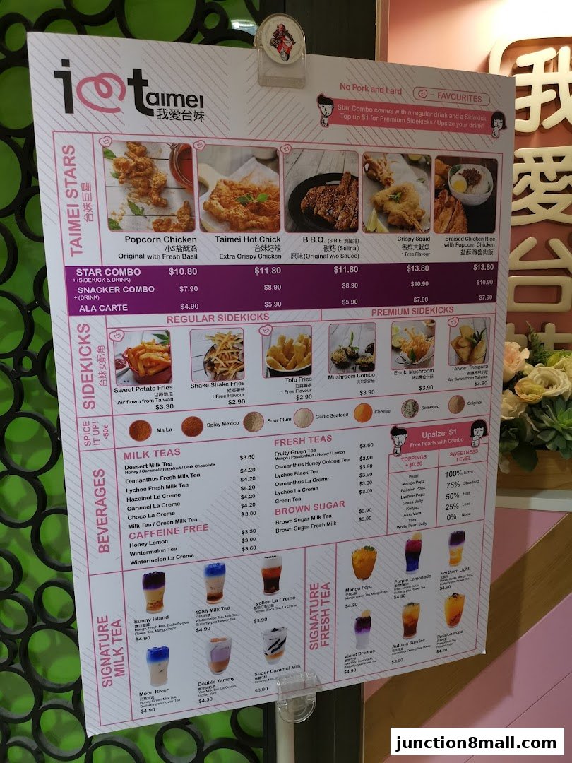 A menu board for 'I Love Taimei' featuring fried chicken, bubble tea, and Taiwanese street food.