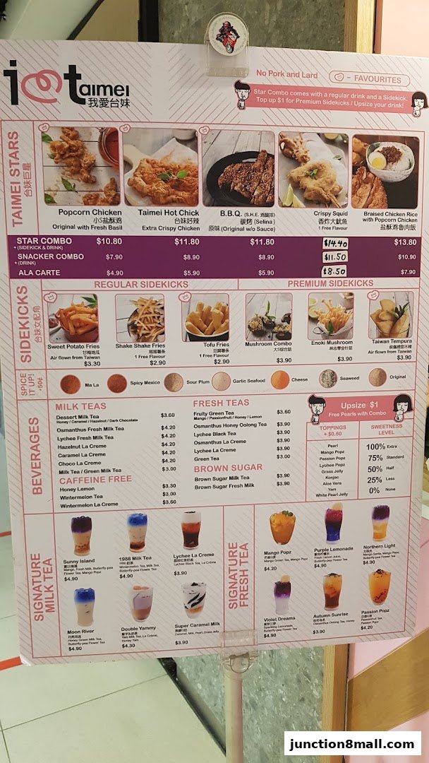 A menu for 'I Love Taimei' featuring fried chicken, bubble tea, and Taiwanese street food.