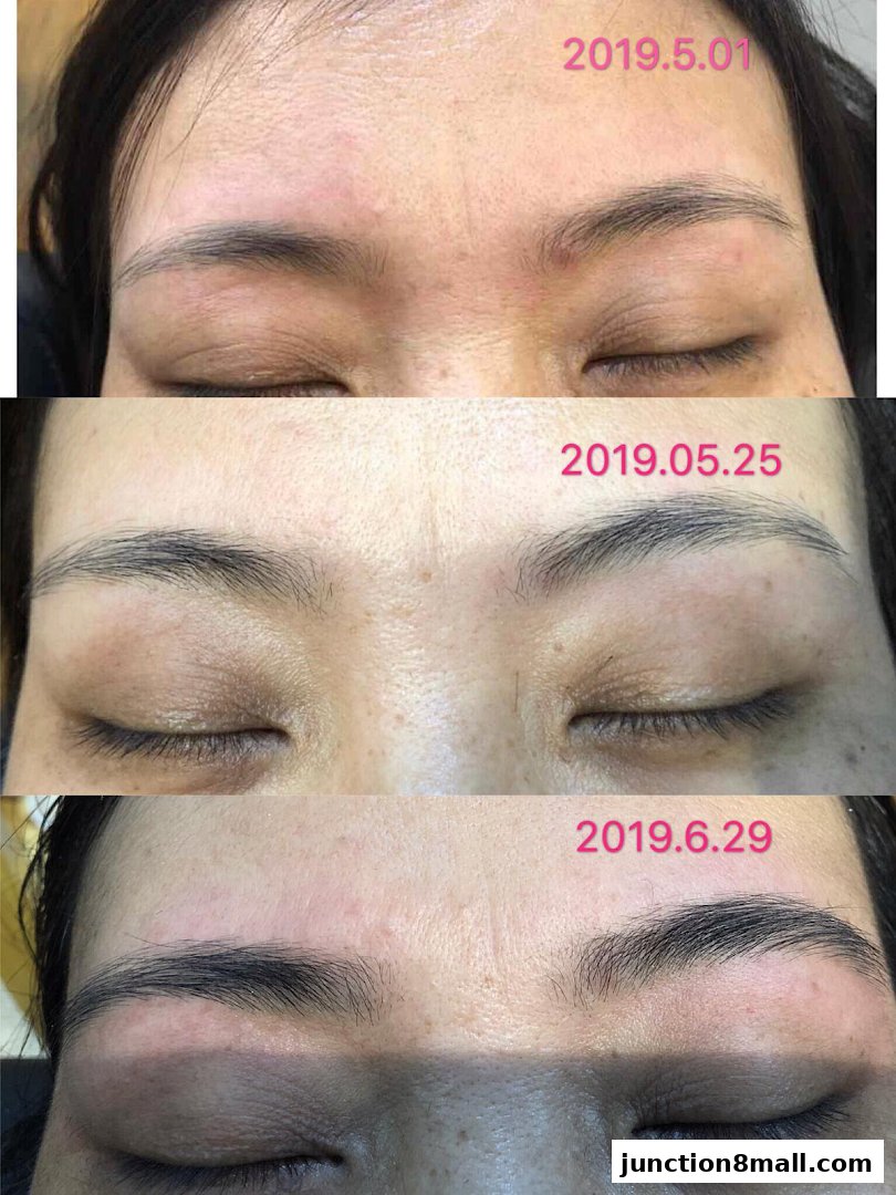 A collage of three close-up images showing eyebrow transformation over time.