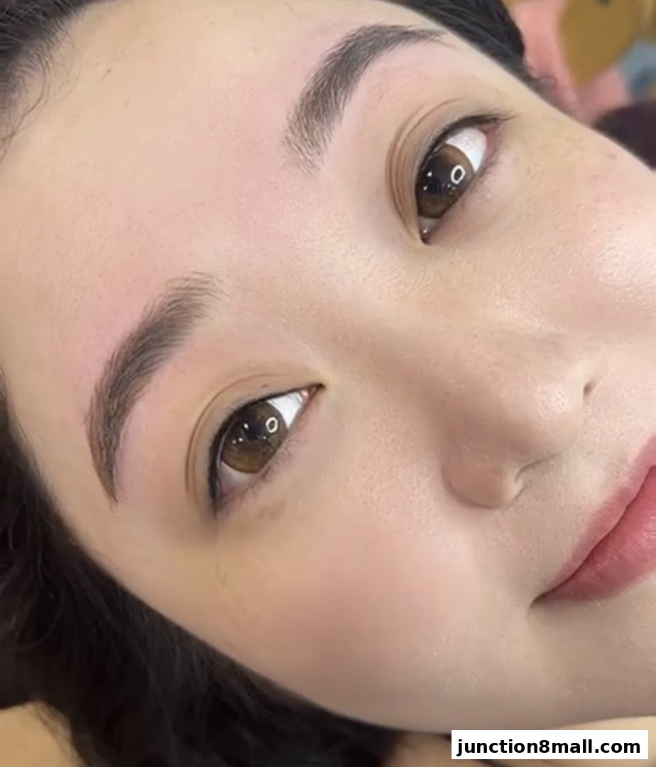 Close-up of a woman's face showcasing perfectly shaped and filled eyebrows.