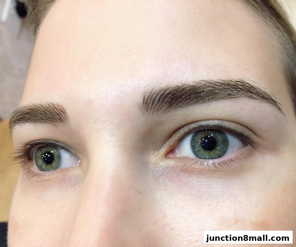 Close-up of a person's eyes and eyebrows, showcasing well-groomed brows.