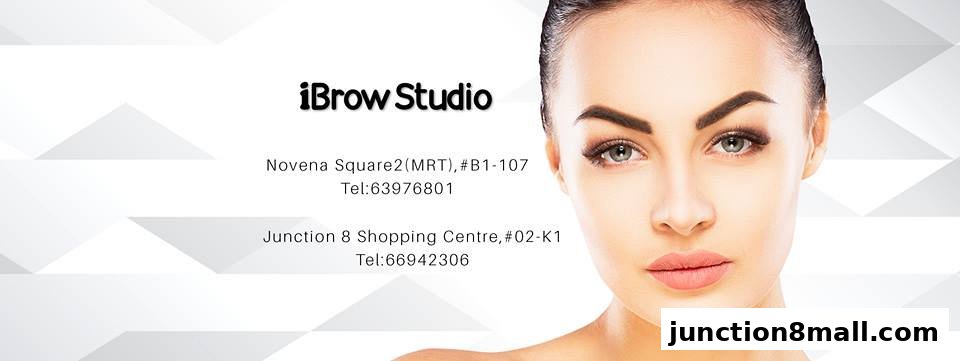 A close-up of a woman's face with perfectly shaped eyebrows and makeup, alongside studio contact information.