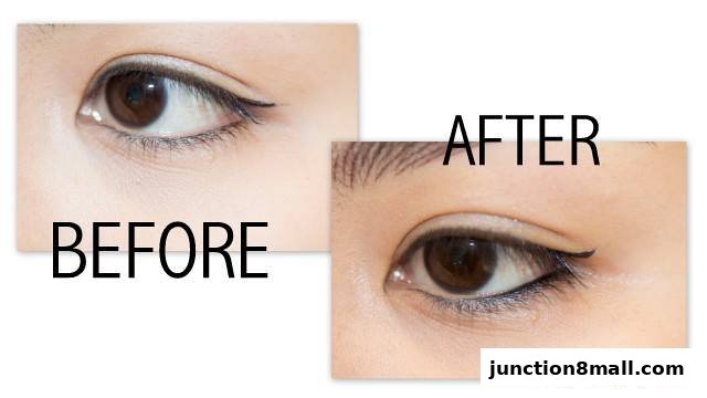 A split image showing a 'before' and 'after' comparison of eyeliner application on an eye.