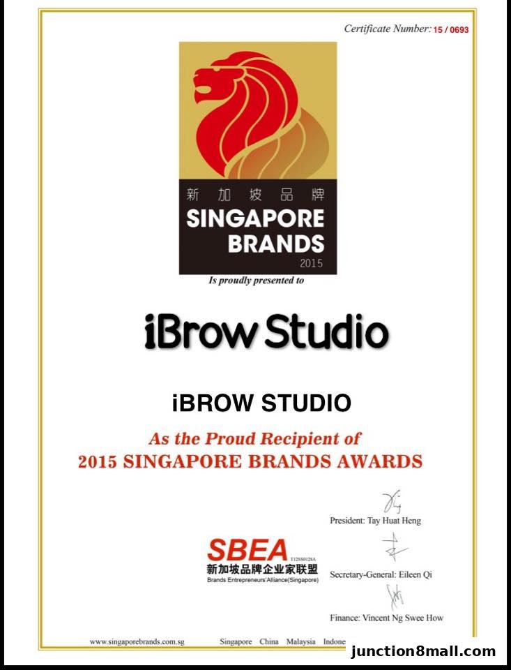 A certificate awarded to iBrow Studio for the 2015 Singapore Brands Awards.