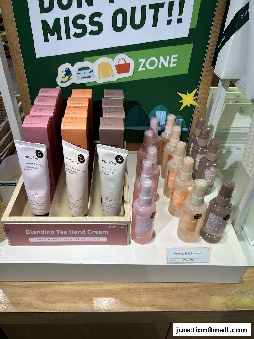 Innisfree shop display featuring hand creams and perfumed body & hair mists.