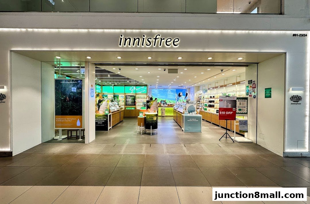 The bright and inviting storefront of Innisfree, showcasing a wide array of skincare products.