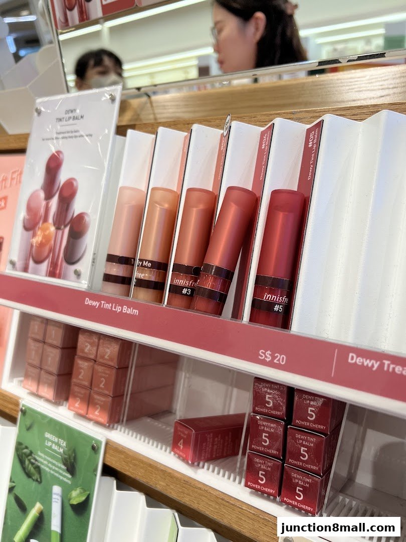 Innisfree Dewy Tint Lip Balm products displayed on shelves with prices and shades.