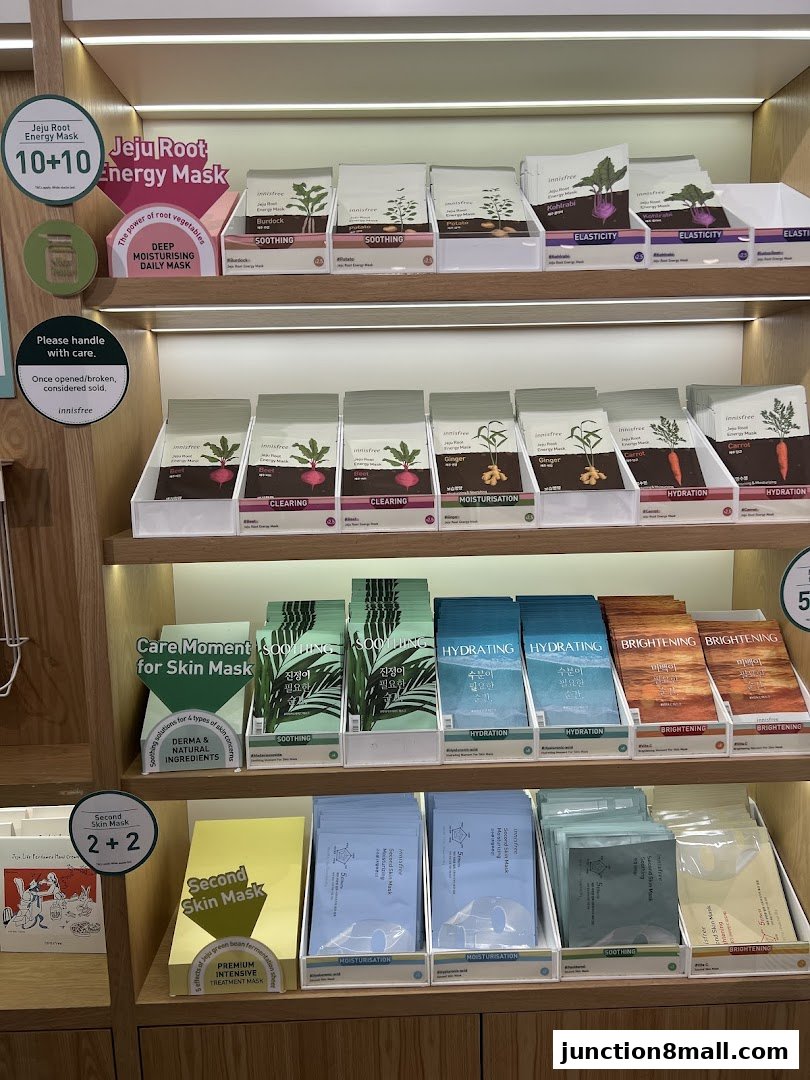 Innisfree shop display featuring various Jeju Root Energy Masks and Second Skin Masks.