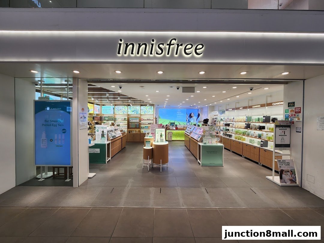 The entrance of the Innisfree store, showcasing a wide array of skincare products and promotions.