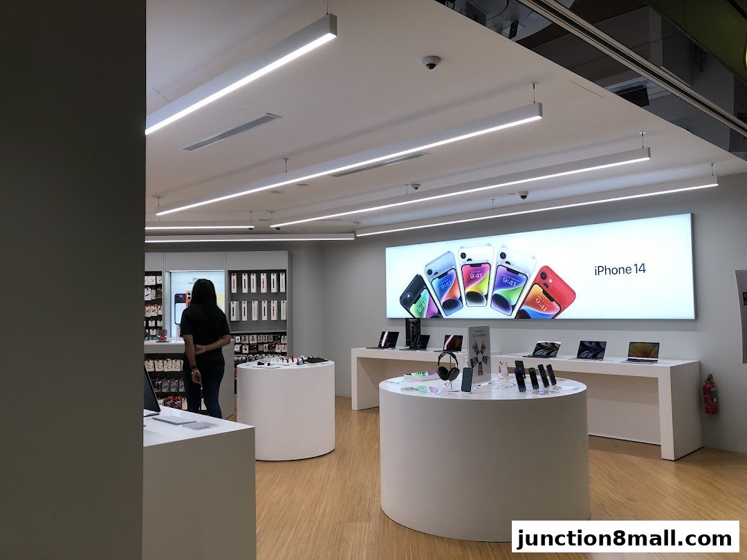 Interior of an Apple product store showcasing iPhone 14 and other devices.