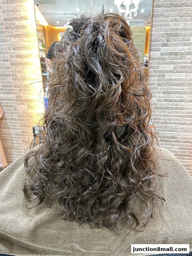 Back view of a person's wet, curly hair being prepared for a salon treatment.