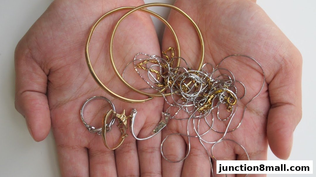 Hands holding a collection of gold and silver jewelry, including bracelets, necklaces, and earrings.