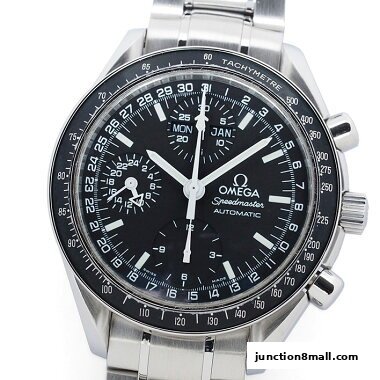 Close-up of an OMEGA Speedmaster Automatic watch with a black dial and tachymeter bezel.