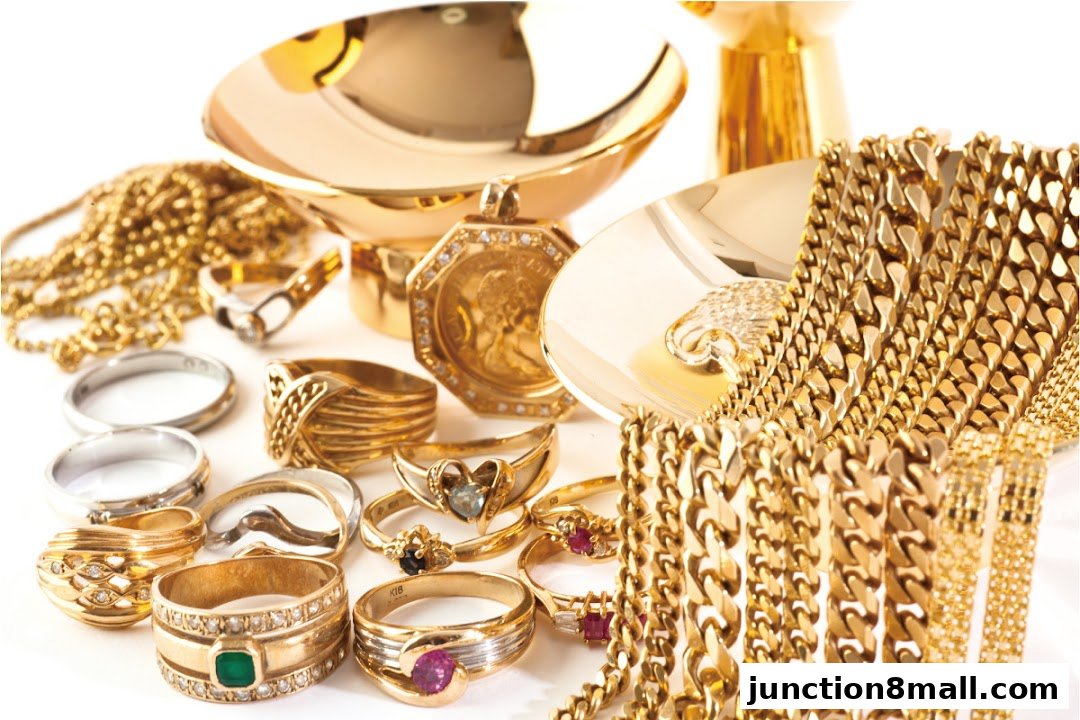 A collection of various gold jewelry, including rings, necklaces, and a pendant, displayed on a white background.