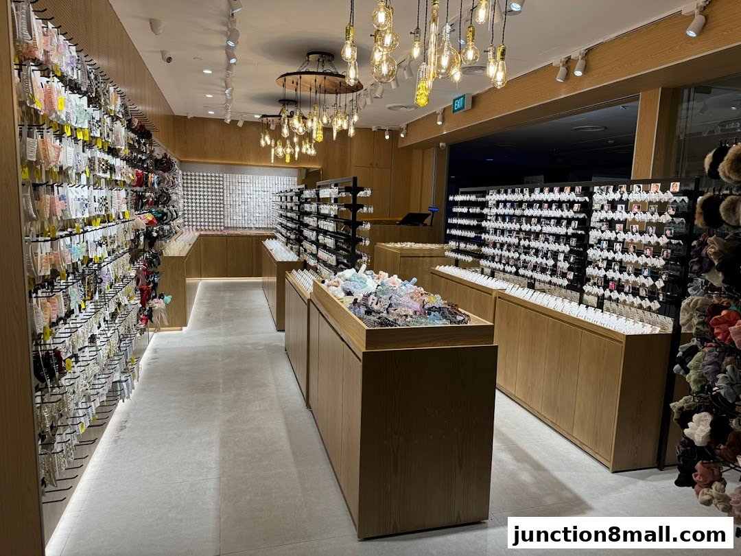 Interior of a retail shop displaying a wide variety of hair accessories on shelves and displays.