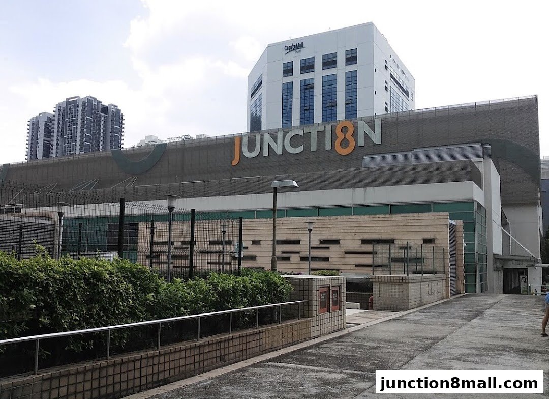 Exterior view of Junction 8 shopping mall with a large sign and surrounding greenery.