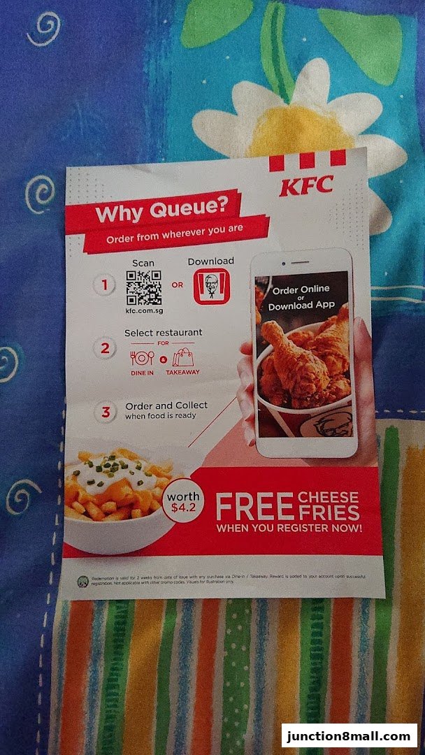 KFC flyer promoting online ordering and a free cheese fries offer.