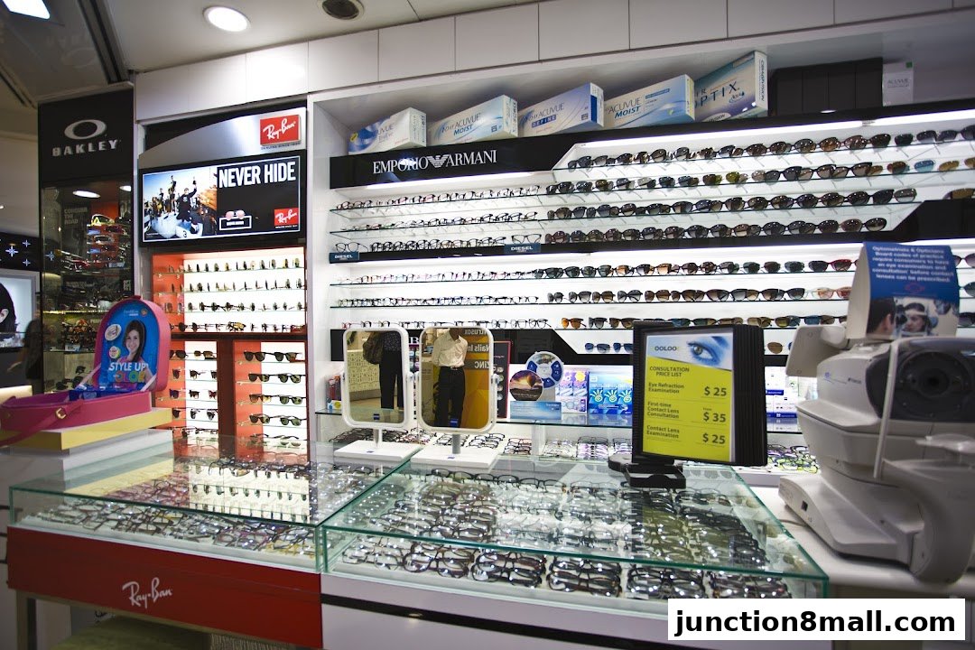 An optical shop displaying a wide selection of sunglasses, eyeglasses, and contact lenses.