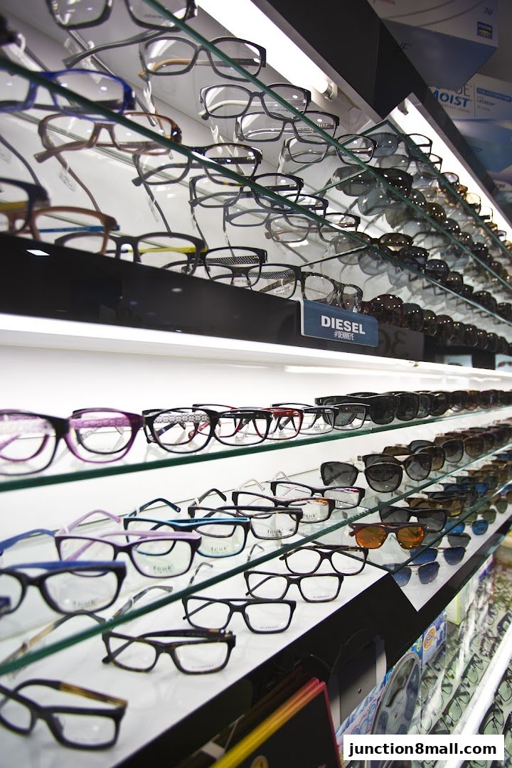 A display of various eyeglasses and sunglasses on shelves in a retail store.